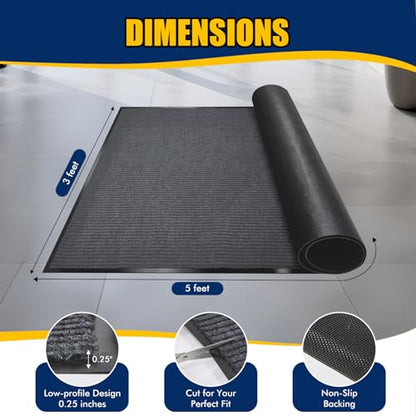 Entrance Mat for Home or Office - 3 x 5 Feet, Carpeted Indoor/Outdoor Entry Mat - Absorbent, Slip Resistant, Heavy Duty, Low-Profile, Easy to Clean, Rubber Entry Mat - Charcoal - size: 3 x 5 Feet