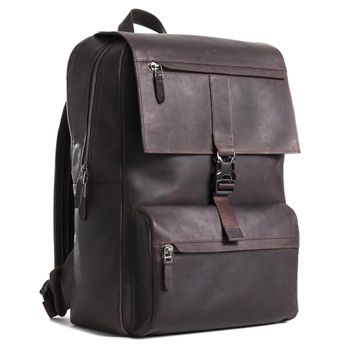 Leather Backpack for Men & Women, Classic Dark Brown - Handcrafted Top Grain Leather Backpack with 17 Inch Laptop Sleeve - Lightweight, Stylish & Durable for Business & Travel - 33cm x 16cm x 40cm - color: Dark Brown