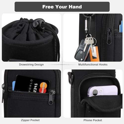 Water Bottle Holder with Strap, Water Bottle Carrier Bag with Phone Pocket, Shoulder Hand Strap Insulated Neoprene 32/40 oz Water Bottle Sleeve for Walking Hiking Camping Gym - color: 1 BLACK, size: under 32oz