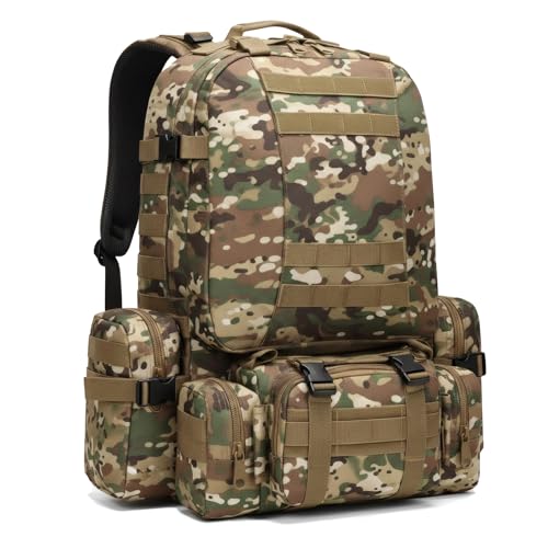 Military Tactical Backpack for Men 60L Waterproof Bug Out Bag Survival Rucksack Go Bag Emergency Molle System Army 3 Day Assault Pack for Hiking Hunting Camping CP - color: Cp