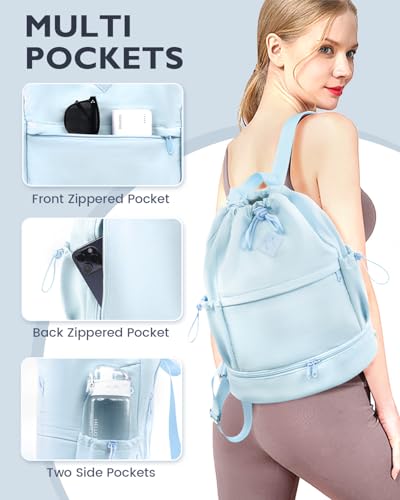 RHDZO Drawstring Backpack Sports Gym Bag with Shoe Compartment and Wet Pocket String Swim Bag for Women Men Beach Backpack, Blue - color: Blue