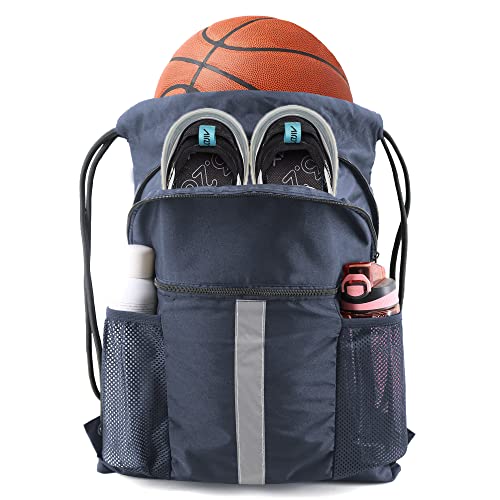 BeeGreen Drawstring Backpack Bag with Shoe Compartment, X-Large Black Gym Sports String Cinch Backpack - color: Navy