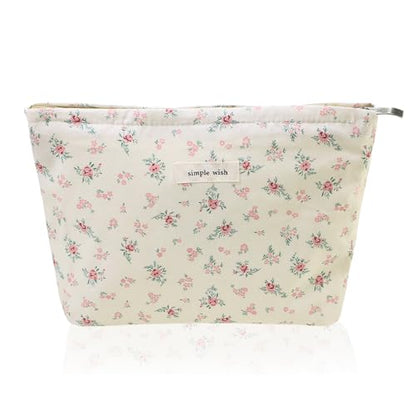 Wudygirl Flower Makeup Bag Cosmetic Bag for Women and Girls Large Capacity Makeup Pouch Aesthetic Cute Makeup Bag Canvas Toiletry Bag Pencil Pouch with Zipper (Beige and Small Floral) - color: Beige Floral