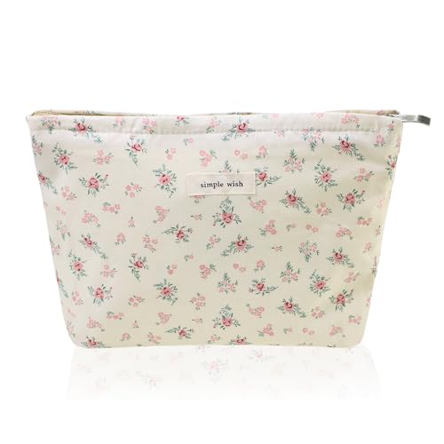 Wudygirl Flower Makeup Bag Cosmetic Bag for Women and Girls Large Capacity Makeup Pouch Aesthetic Cute Makeup Bag Canvas Toiletry Bag Pencil Pouch with Zipper (Beige and Small Floral) - color: Beige Floral