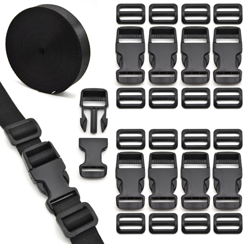 1 inch Buckles Straps Set with 10 Yards Nylon Webbing Strap,10 pcs Quick Side Release Plastic Buckle, 20 pcs Tri-glide Slide Clip for Luggage Strap, Backpack Replacement (Black) - color: Black