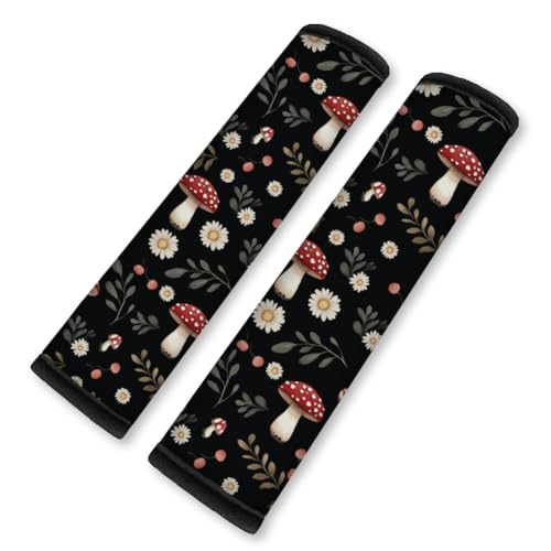 2Pcs Mushroom Soft Auto Seat Belt Cover Pad, Daisy Flower Print Car Seatbelt Shoulder Cushion for Comfortable Driving, Compatible with All Cars' Seatbelt and Backpack Straps 11x2.4inch - color: Mushroom