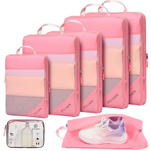 PFEYRPK Lightweight Compression Packing Cubes for Suitcases, Compressible Expandable Travel Packing Organizer with Clear Toiletries and Backpack Bag, Travel Essentials for Carry on Luggage 7 Set - color: Mesh/Pink, size: 7 Set