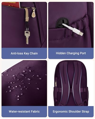 LIGHT FLIGHT Travel Backpack for Women, 15.6 Inch, Purple | Laptop Backpack, USB Charging Hole, Water Resistant, Large Capacity, College Bookbag - color: Purple, size: 15.6 Inch without Wheels