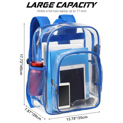 Clear Backpack School Bag Stadium Approved Heavy Duty Large PVC Laptop Transparent Backpack See Through Backpack for Sports, Work, Stadium, Security, Travel, College - H18''xW14''xD8“ - Blue - color: Blue