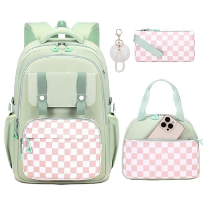 MUSEVOS Girls Backpack with Lunch Bag, Kindergarten Elementary Middle School Backpack, Multiple Compartments Large Capacity Kids Bookbag 3 Pcs Set (Green) - color: Green-3pcs Set