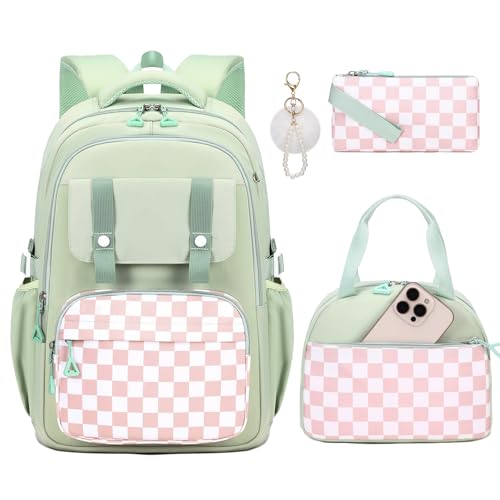 MUSEVOS Girls Backpack with Lunch Bag, Kindergarten Elementary Middle School Backpack, Multiple Compartments Large Capacity Kids Bookbag 3 Pcs Set (Green) - color: Green-3pcs Set