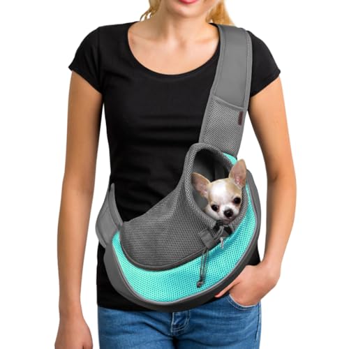 YUDODO Pet Sling Carrier for 2-5 lbs Small Dogs & Cats – Hands-Free Puppy Carrier with Safety Hook, Large Zipper Pocket, Soft Breathable Mesh, Adjustable Strap & Reflective Strip (Cyan 1.0 S) - color: Cyan 1.0 Basic (Zipper Pocket), size: Small (2-4.5lbs)