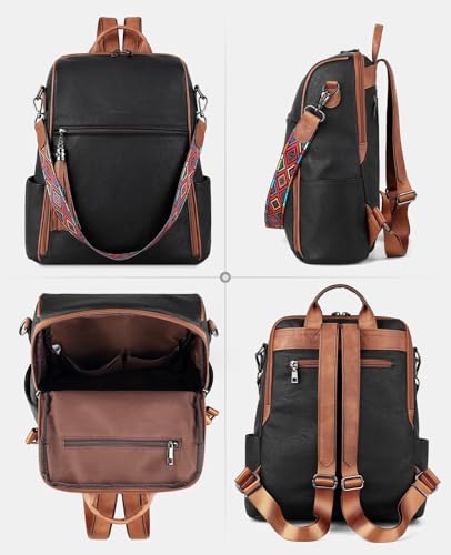 FADEON Leather Backpack Purse for Women Designer Travel Backpack Purses PU Fashion Ladies Shoulder Bag with Tassel - color: 2 Retro Black With Brown