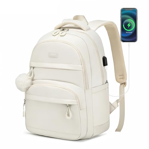 Girls Backpack School Bag, 15.6in Laptop Backpack with USB Charging Hole for Women, Aesthetic College Bookbag for Teens Students, Beige - color: Beige, size: 15.6in