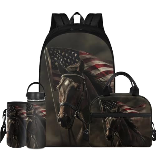Flashideas American Flag Horse Backpack for Boys Kids Backpack with Lunch Box Water Bottle 32 oz and Water Bottle Carrier 4Pcs Set 17" Bookbag with Compartments for School Large Capacity School Bag - color: American Flag Horse