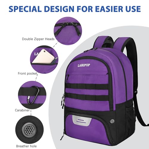 LARIPOP Soccer Backpack with Ball Holder & Shoe Compartment Large Capacity Sports Bag for Training - color: purple