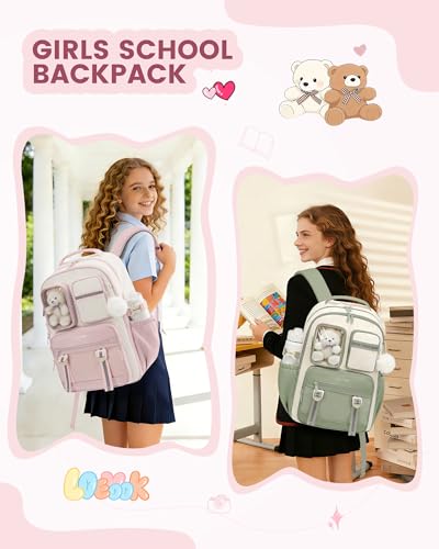 LOVEVOOK Cute School Backpack for Girls Ages 8-14, Bookbag with Plush Bear & Clear Display Pocket, Fits 15.6 Inch Laptop & 40oz Tumbler, Back to School Backpack for Elementary & Middle School - color: Pink / Off-white