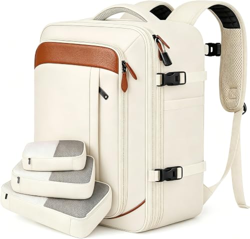 Vancropak Travel Backpack for Women, Airline Approved Carry On Backpack with 3 Packing Cubes, Expandable Large 40L Travel Bag fits 17" Laptop, Anti Theft Luggage Suitcase Weekend Daypack, White Brown - color: White Brown