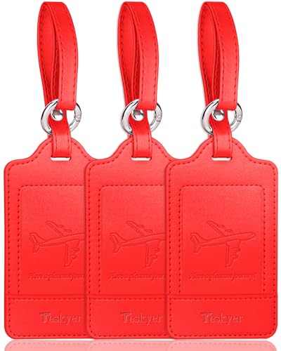 Teskyer Luggage Tags, 3 Pack Premium PU Leather Luggage Tags for Suitcases, Privacy Protection Travel Bag Tags, Red - color: Red