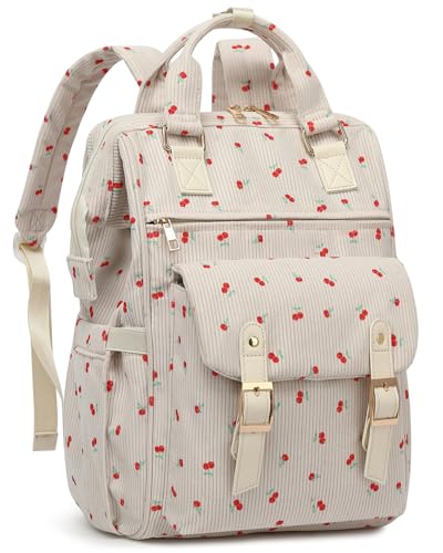 Laptop Backpacks for Women, Corduroy High School College Bookbag 15.6 Inch Laptop Bags for Girls Travel Daypack - Cherry Beige - color: Cherry Beige