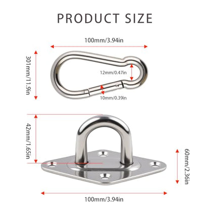 2Pack M10 Hammock Hanging Kit, Heavy Duty Stainless Steel Pad Eye Hooks with Snap Hook, for Porch Swing Punching Bag Ceiling Wall Mount, 1000Lbs Capacity Indoor Outdoor Hardware with Screws Anchors