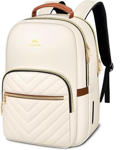 MATEIN Lightweight Quilted Laptop Backpack for Women, 15.6 Inch Slim Design Laptop Backpack with Leather Handles, Fashion Teacher Nurse Bag, Perfect for Work and Commute, Beige - color: Beige, size: 15.6inch