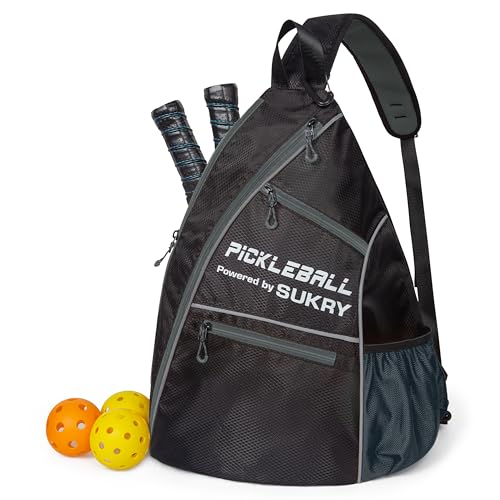 SUKRY Pickleball Bag Sling backpack with Water Bottle Holder for Men and Women Pickle ball Accessories Water-Resistant Sprot Bag - color: Grey