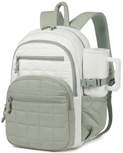 Quilted Bookbag for Women, College Laptop Backpack with Tumbler Holder Pocket for Nurse Teacher Work Travel, Puffer School Backpack for Teen Girls Big Student, White Green - color: White Green, size: 15.6in