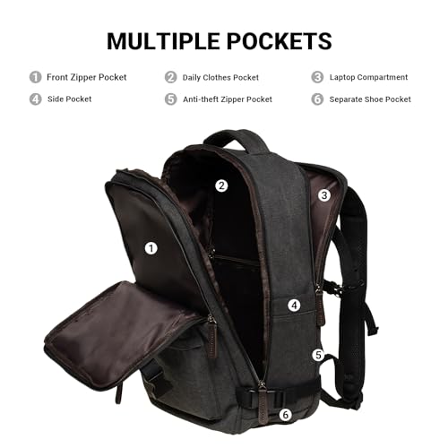 KAUKKO Canvas Travel Backpack, Personal Item Airline Approved, Carry On Backpack with Multi-Pockets and Shoe Pouch, fit 15.6 inch Laptop, 40L Weekender Bag, 11-BLACK - color: 11-black