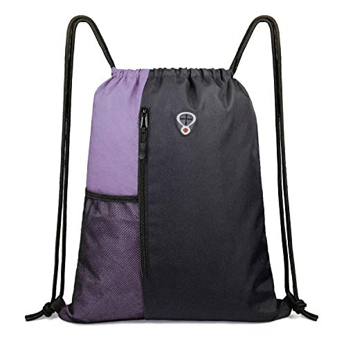 BeeGreen Lilac Drawstring Backpack Sports Gym String Backpack For Women Men Large Size Cinch Sack Workout Bag with Zipper and Water Bottle Mesh Pockets - color: Black/Lilac, style: Drawstring With Mesh Pocket