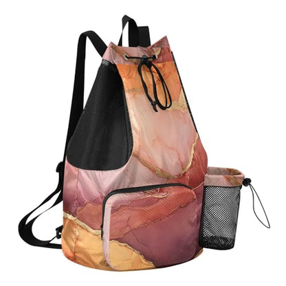 Drawstring Gym Bags For Men Women Sports Bag With Pockets String Back Pack Dry Wet Separation Marble Peach Burgundy - color: Color 22