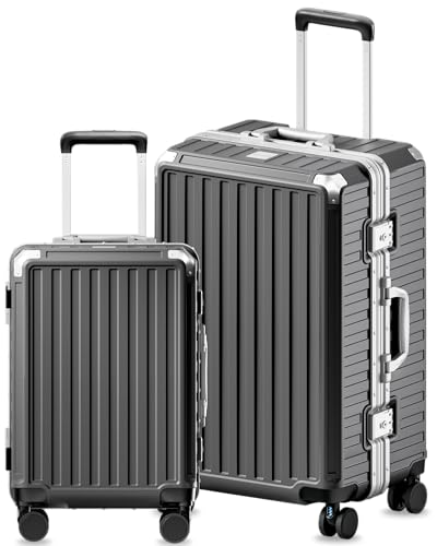 Luggage Sets with Spinner Wheels, 8010S Aluminum Frame Zipperless Polycarbonate Hard Shell Suitcase Sets (ZX-Core, Charcoal Metallic, 2 Piece (20/28)) - color: Charcoal Metallic, size: 2 Piece Set (20/28)