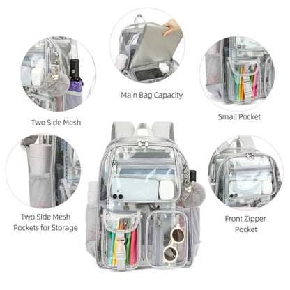 Clear Backpacks for Girls Boys, Heavy Duty PVC Transparent School Bookbag See Through Back Pack for College Work Travel (Light Grey) - color: Light Grey