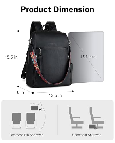 FADEON Leather Laptop Backpack for Women Designer 15.6 inch PU Laptop Bag, Ladies Travel Computer Work Backpack Black - color: Pure Black