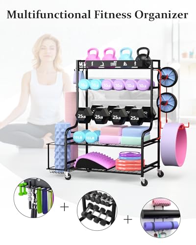 Mythinglogic Weight Rack for Dumbbells, Home Gym Storage for Yoga Mat Dumbbells Kettlebells and Strength Training Equipment, Dumbbell Rack with Wheels and Hanging Hooks - color: New Black
