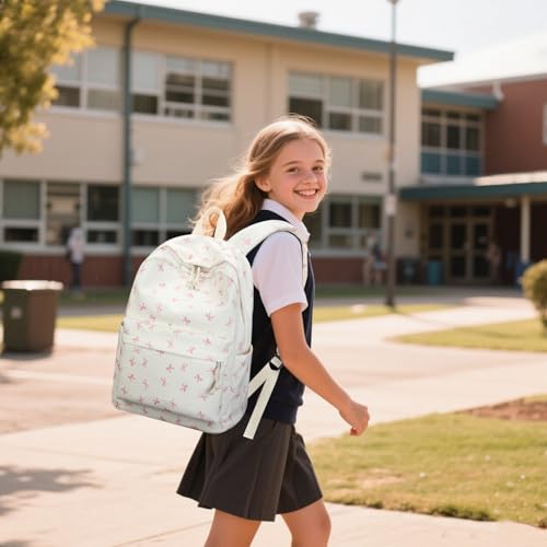 LEDAOU Kids Backpack for Girls Boys Preschool Kindergarten Elementary School Bookbag Toddler School Bag with Chest Strap - color: Pink Bow-beige