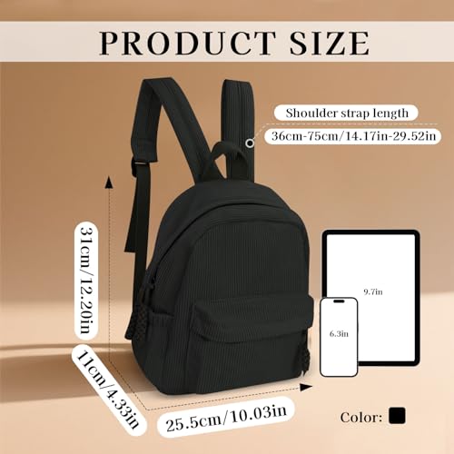 Women’s Small Backpack, Ladies Lightweight Corduroy Backpack, Casual Multi Compartments Travel Daypack Purse (Black) - color: Black