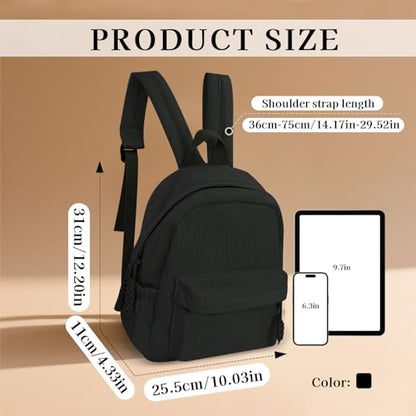 Women’s Small Backpack, Ladies Lightweight Corduroy Backpack, Casual Multi Compartments Travel Daypack Purse (Black) - color: Black