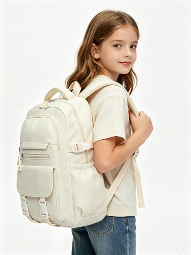 Kids High Middle School Backpack for Girls 5-12 Kawaii Travel Aesthetic Bookbag,Beige - color: Beige