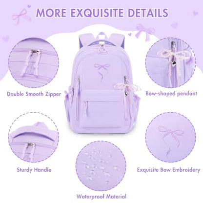 Kids Backpack for Girls - 3PCS Cute Embroidered Bow Girls Backpack with Insulated Lunch Bag & Pencil Case - Bookbag for Teen Women Middle High School College Work Travel Daypack - color: Purple