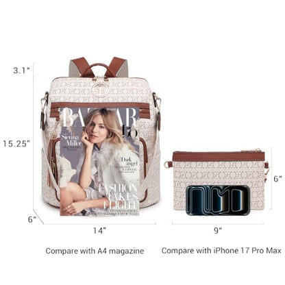 Women's Convertible Backpack Purse, Large Leather Travel Backpack 2PC Set - color: Beige