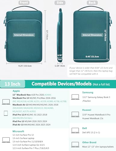 HYZUO 13 Inch Laptop Bag Sleeve Case for MacBook Air 13 M5 M4 M3 M2 M1 A3449 2026-2018, 13" MacBook Neo 2026 A3404, MacBook Pro 13 M2 M1 2026-2016, iPad Pro/Air 13, Surface Pro, XPS 13, Dark Green - color: Dark Green, size: 13 Inch