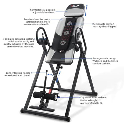 Teclor Inversion Table,Advanced Heat and Massage Function,Strength Training Inversion Table for Back Pain Relief,Heavy Duty Inversion Table 350 lbs Capacity with Wider and Thickened Backrest - color: Silver/Black