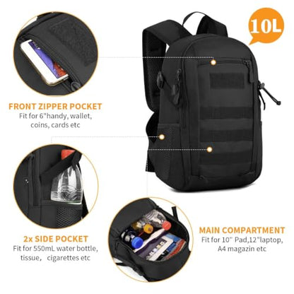 HUNTVP 10L Tactical Backpack Small Backpack Mini Daypack Military MOLLE Rucksack Gear Tactical Assault Pack Bag for Hunting Camping Trekking(10L-Black) - color: Black, size: 10L