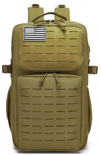 Wotony Military Tactical Backpack for Men Waterproof Daypack 3 Day Assault Pack Laser-Cut MOLLE Webbing Design with Water Bottle Holder Black Small Tactical Assault Bag (Khaki, 35L) - color: Khaki, size: 35L