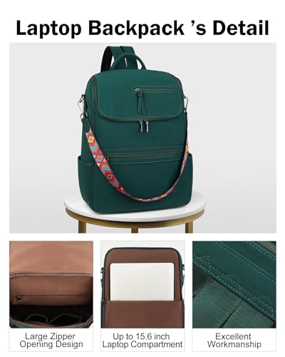 FADEON Laptop Backpack for Women Leather Travel Backpack with Laptop Compartment, Designer Ladies Computer Backpacks Green - color: Dark Green Nubuck Style