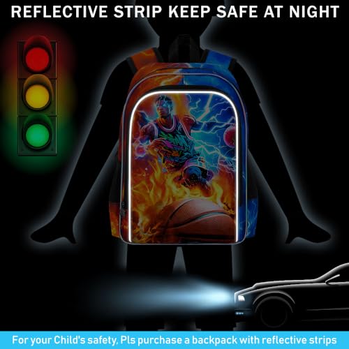 AGSDON 3PCS Boys Backpack for Boys, 17" Kids Bookbag with Lunch Box for Boy,Basketball Flame Thunder Backpacks Water Resistant and Lightweight for Teen - color: Basketball 01