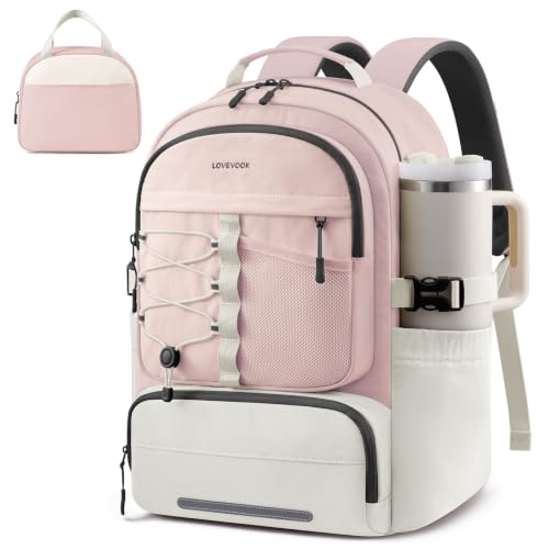 LOVEVOOK School Backpack for Teen Girls, 2PCS Cute Student Kids Bookbag Purse for Middle High School with Lunch Bag & Pens Compartment, Large Capacity College Student Backpacks, Fits 15.6'' Laptop - color: Pink White, size: Medium with lunch bag