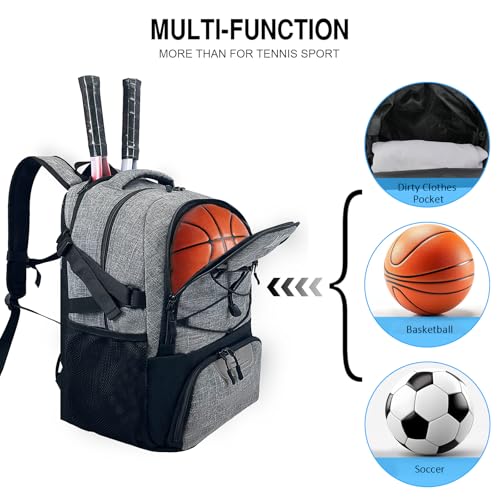 WOLT Tennis Bag - Large Tennis Racket Backpack for Men & Women - Ventilated Shoe Compartment - Holds 2 Rackets - color: Grey
