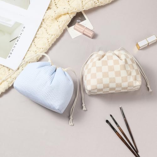 Cotton Quilted Drawstring Makeup Bag with Canvas Lining,Coquette Aesthetic Cute Travel Toiletry Bag,Drawstring Gift Bag for Women and Girls（19 Beige Checker） - color: 19 Beige Checker
